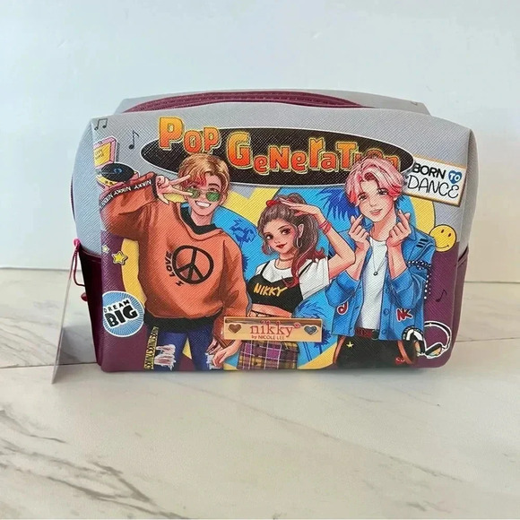 Nikky By Nicole Lee Cosmetic Pouch Bag Pop Generation Gray/Burgundy - Picture 9 of 9